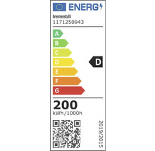 Brennenstuhl Energieetikett mit der Energieeffizienzklasse D und einem Verbrauch von 200 kWh pro 1000 Stunden.