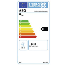Energielabel für AEG DEM 80 Basis variowall mit der Energieeffizienzklasse C, einem jährlichen Energieverbrauch von 1348 Kilowattstunden und einem Geräuschpegel von 15 Dezibel.
