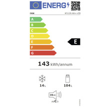 Energielabel für PKM KS120.4A++EB mit Energieeffizienzklasse E, einem jährlichen Energieverbrauch von 143 Kilowattstunden, einem Gefrierfachvolumen von 14 Litern und einem Kühlfachvolumen von 104 Litern sowie einer Geräuschemission von 39 Dezibel.