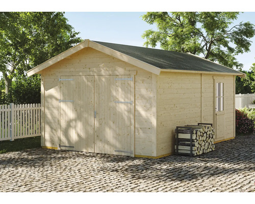 Blockbohlengarage SKAN HOLZ Varberg 1 410x585 cm natur Holzgarage mit Doppeltür und Fenster im Garten