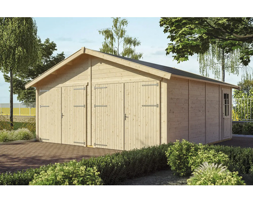 Blockbohlengarage SKAN HOLZ Varberg 3 630x585 cm natur Holzgarage mit drei Türen und einem Fenster