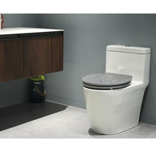 Weißes WC mit grauem WC-Sitz in Badezimmerumgebung