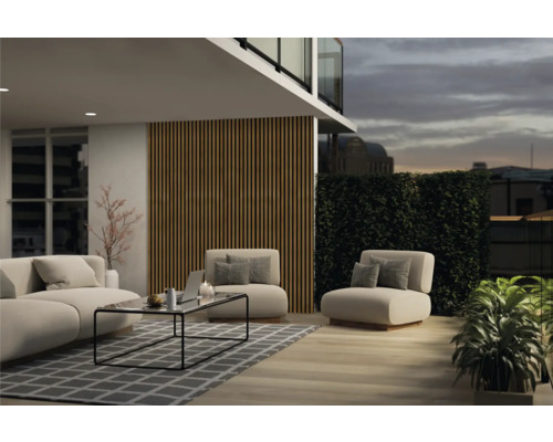 Helle Terrasse mit Sofa, Sesseln, Tisch und Pflanzen