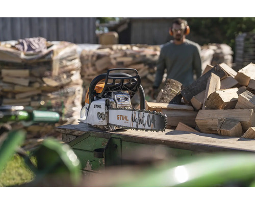 Stihl Kettensäge vor Holzhaufen
