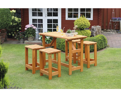 Gartensitzgruppe mit Hochtisch und vier Hockern aus Holz im Garten