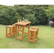 Holz-Bistro-Set mit einem Tisch und vier Hockern im Garten