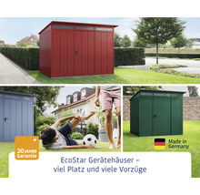 EcoStar Gerätehäuser in verschiedenen Ausführungen im Garten.