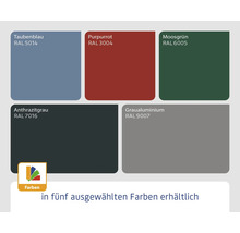 Farbauswahl mit Taubenblau RAL 5014, Purpurrot RAL 3004, Moosgrün RAL 6005, Anthrazitgrau RAL 7016 und Graualuminium RAL 9007.