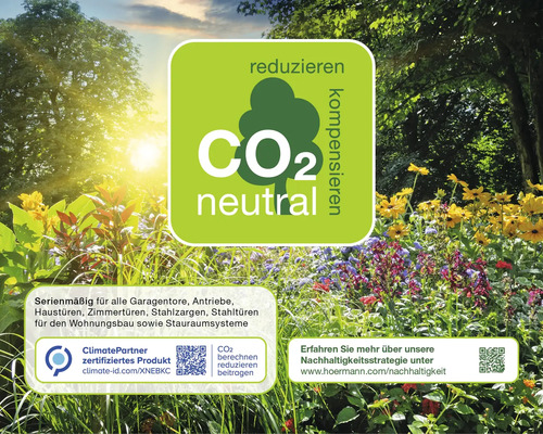 CO2 neutral Symbol für Garagentore, Antriebe, Haustüren, Zimmertüren, Stahlzargen und Stahltüren