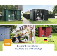 EcoStar Gerätehäuser in verschiedenen Farben und Größen mit 20 Jahre Garantie