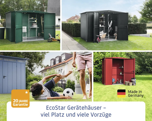 EcoStar Gerätehäuser in Grün, Anthrazit, Rot und Grau mit 20 Jahre Garantie und dem Siegel Made in Germany.