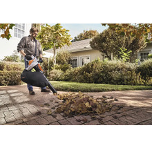 Mann benutzt einen Laubsauger von Stihl im Garten, um Laub zu entfernen.