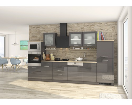 Küchenzeile Held Möbel Mailand 601.1.6211 grau/grafit 340 cm inkl. Einbaugeräte Komplette Küche mit Spüle, Dunstabzugshaube, Mikrowelle und Backofen in einem hellen Raum