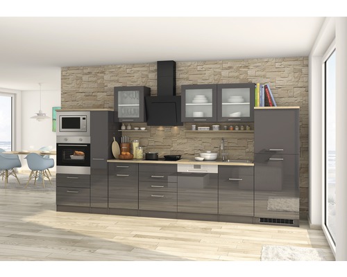 Küchenzeile Held Möbel Mailand 590.1.6211 grau/grafit 370 cm inkl. Einbaugeräte Moderne Einbauküche mit hochglänzenden, grauen Fronten und schwarzen Akzenten.