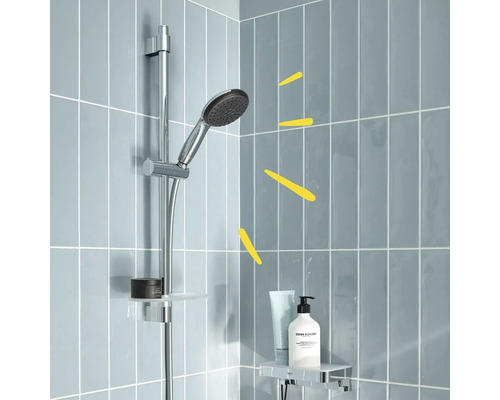 Brausegarnitur mit Duschgel und Shampoo auf Ablage im Badezimmer