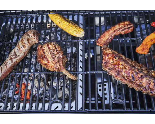 Verschiedene Fleischsorten und Mais auf einem Grill