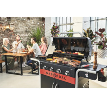Grillszene mit Gas-Kohle-Kombigrill, Speisen und Personen