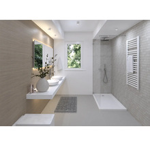 Modernes Badezimmer mit Waschbecken, Spiegel, Dusche und Heizkörper