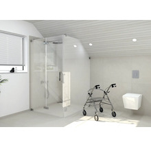 Barrierefreies Badezimmer mit bodengleicher Dusche, Rollator und Wandtoilette.