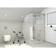 Barrierefreies Badezimmer mit begehbarer Dusche, Toilette und Gehwagen