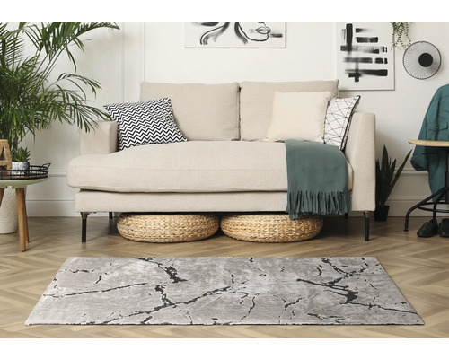 Wohnzimmer mit Sofa, Kissen, Teppich und Dekoration