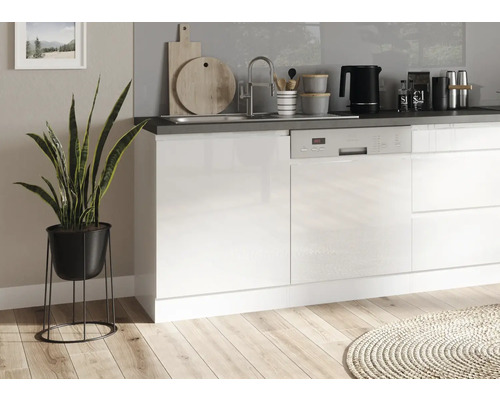 Küchenszene mit Spüle, Geschirrspüler, Küchenutensilien und Zimmerpflanze