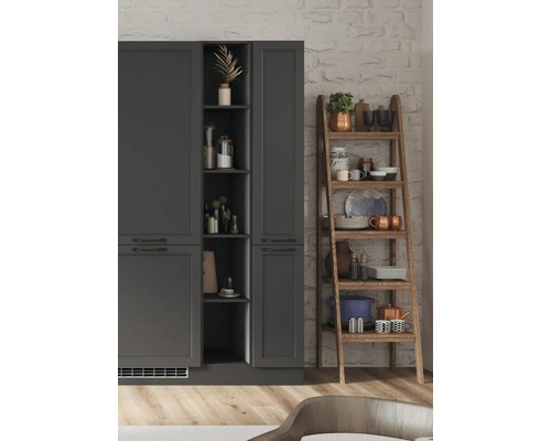 Hoher Küchenschrank mit Regalelement und Regal aus Holz