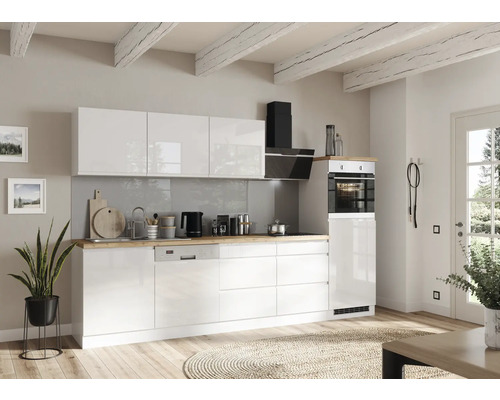 Küchenblock Held Möbel Kiel 300 cm weiß hochglanz/weiß inkl. Einbaugeräte Helle Küche mit weißen Schränken, Arbeitsplatte aus Holz und modernen Geräten.
