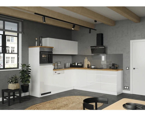 Winkelküche Held Möbel Kiel 300 cm weiß hochglanz/weiß inkl. Einbaugeräte Moderne Küche mit weißen Fronten, Holz Arbeitsplatte und Esstisch