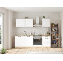 Helle Küche mit weißen Schränken, Dunstabzugshaube und Dekorationselementen für ein modernes Ambiente.