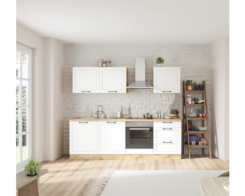 Küchenblock Held Möbel Lübeck 240 cm weiß matt/wotan eiche inkl. Einbaugeräte Helle Küche mit weißen Schränken, Spüle, Herd und Regalleiter