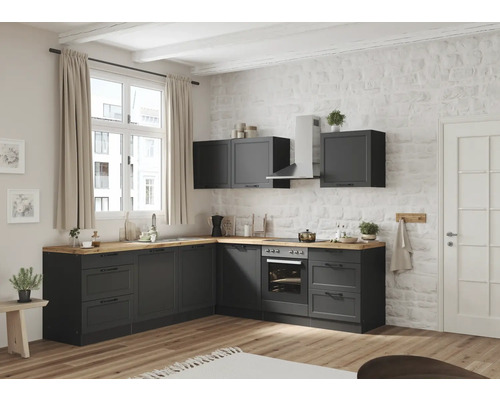 Winkelküche Held Möbel Lübeck 240 cm grau matt/graphit inkl. Einbaugeräte Moderne Küche mit grauen Schränken, hellem Holzboden und Backsteinwand