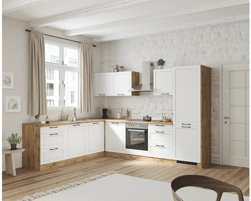 Winkelküche Held Möbel Lübeck 300 cm weiß matt/wotan eiche inkl. Einbaugeräte Helle Küche mit weißen Schränken und Arbeitsplatten in Holzoptik, kombiniert mit modernen Geräten