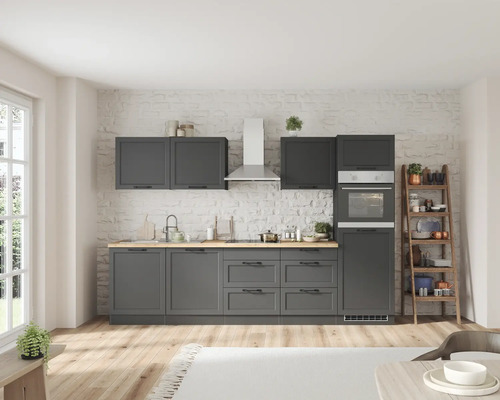 Küchenblock Held Möbel Lübeck 300 cm grau matt/graphit inkl. Einbaugeräte Moderne Küche mit grauen Schränken, Holzoberfläche und Regalleiter