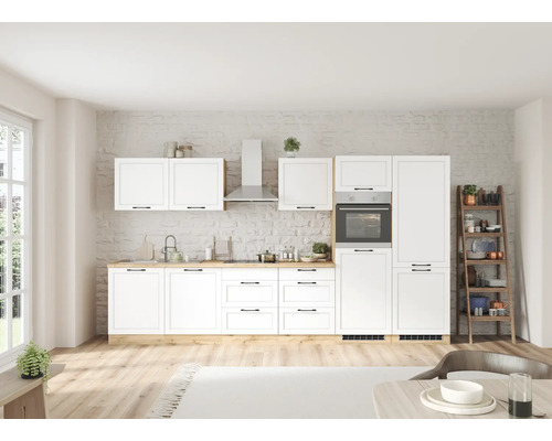 Küchenblock Held Möbel Lübeck 360 cm weiß matt/wotan eiche inkl. Einbaugeräte Helle Küche mit weißen Schränken, Spüle, Kochfeld und Backofen