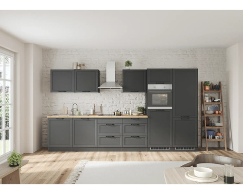 Küchenblock Held Möbel Lübeck 360 cm grau matt/graphit inkl. Einbaugeräte Komplette Einbauküche mit Küchenschränken, Dunstabzugshaube, Spüle und Backofen in einem hellen Raum