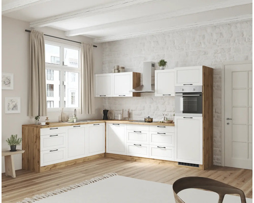 Winkelküche Held Möbel Lübeck 300 cm weiß matt/wotan eiche inkl. Einbaugeräte Helle Küche im Landhausstil mit weißen Schränken und Holzarbeitsplatte