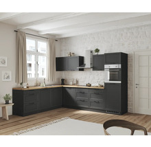 Moderne Küche mit grauen Schränken, Arbeitsplatte aus Holz und weißen Wänden