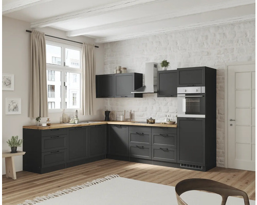 Winkelküche Held Möbel Lübeck 300 cm grau matt/graphit inkl. Einbaugeräte Moderne Küche mit grauen Schränken, Arbeitsplatte aus Holz und weißen Wänden