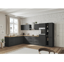 Moderne Küche mit dunklen Schränken, Holz Arbeitsplatte und Backofen