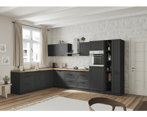 Moderne Küche mit dunklen Schränken, Holz Arbeitsplatte und Backofen