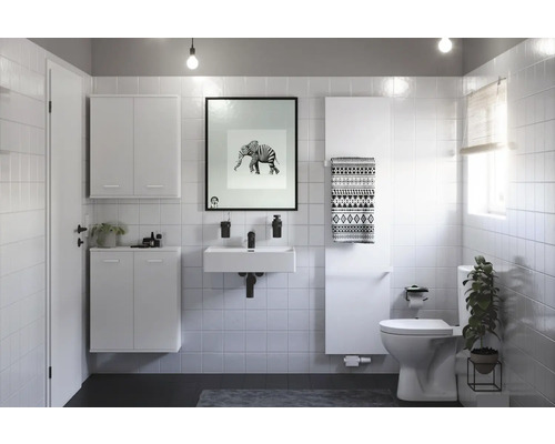 Modernes Badezimmer mit weißen Möbeln, Waschbecken, Toilette und Dekoration
