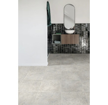 Modernes Badezimmer mit grauen Bodenfliesen, Waschtisch und Spiegel