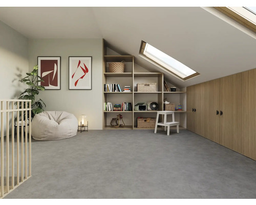 Helles Dachzimmer mit Bücherregal, Dachfenster, Kleiderschrank und Sitzsack.