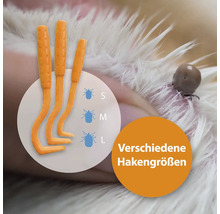 Drei Zeckenhaken in verschiedenen Größen zur Zeckenentfernung.
