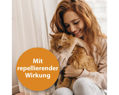 Frau umarmt Katze mit repellierender Wirkung