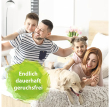 Eine Familie liegt mit einem Hund auf einem Bett.