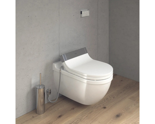 Szene mit Dusch-WC, Betätigungsplatte und WC-Bürste im Badezimmer