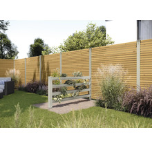 Gartenszene mit Holzzaun und bepflanztem Regal
