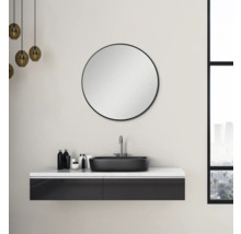Modernes Badezimmer mit rundem Spiegel, Waschbecken und Unterschrank
